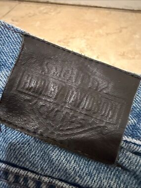 🏍️ Harley-Davidson Blue Denim Shorts with Black Leather Patch🖤